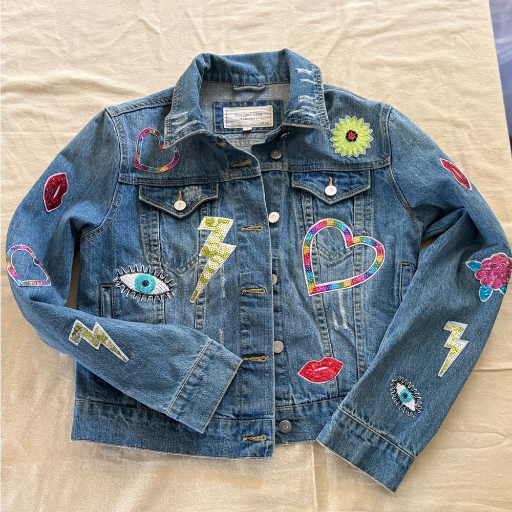 Bagatelle Cropped Denim Jacket Sequin Patch Hearts Lightning Y2K Festival